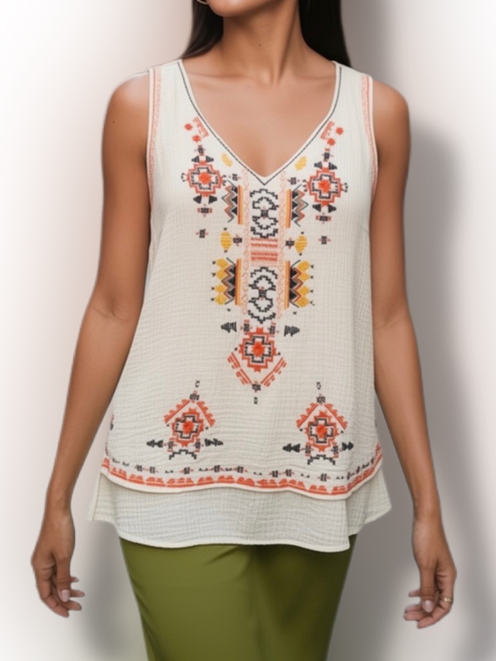 Skies Are Blue Embroidered Tank with Orange and Black Accents